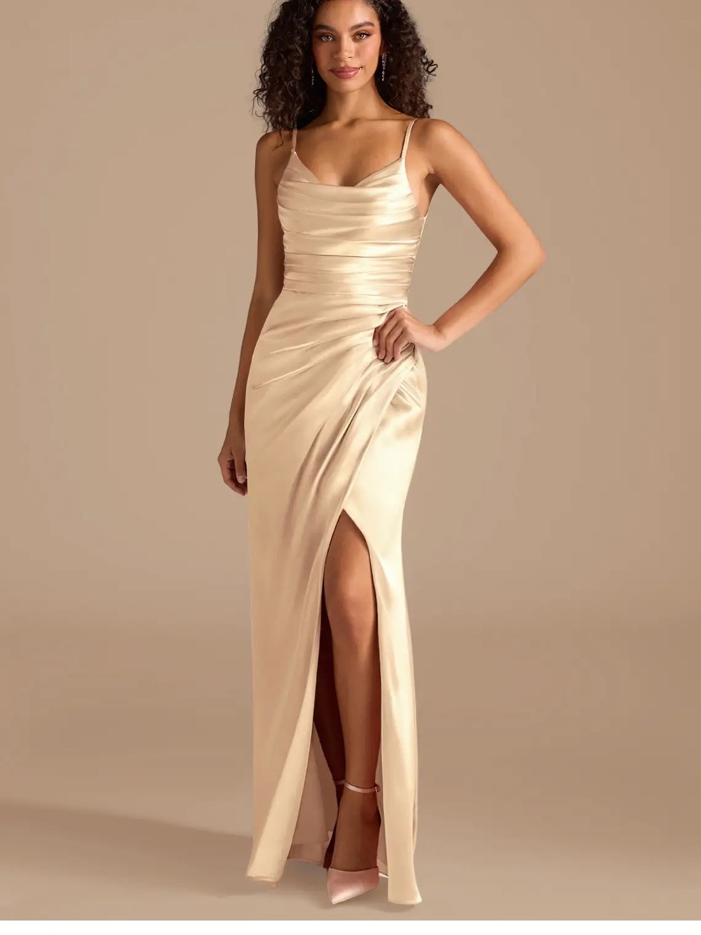 Azazie Champagne Satin Ruched Spaghetti-Strap Maxi Dress